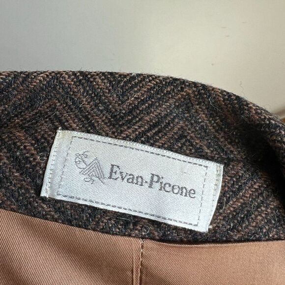 Vintage Evan Picone Herringbone Double Breasted Blazer Jacket Patch Pocket Brown - Picture 7 of 8